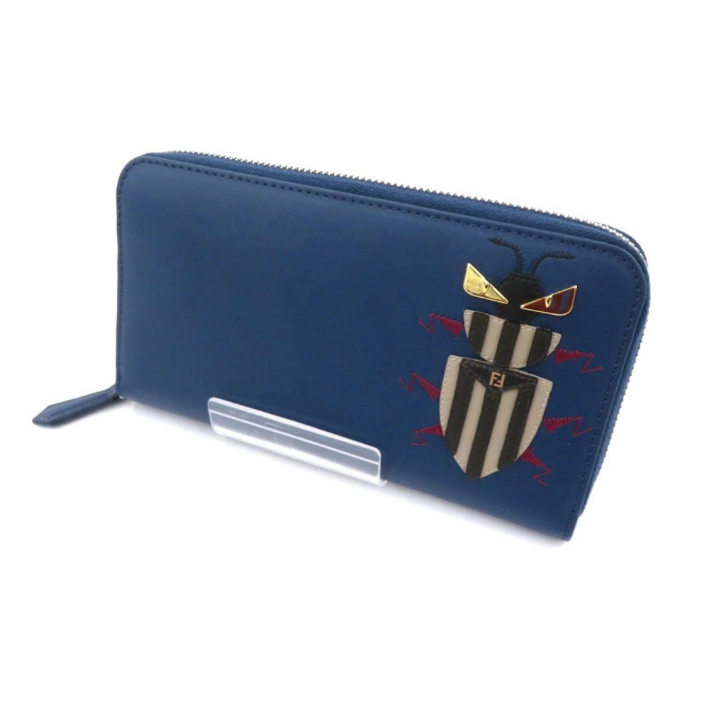Fendi ZIP AROUND SUPERBUG Round Zipper Long Wallet Navy Blue